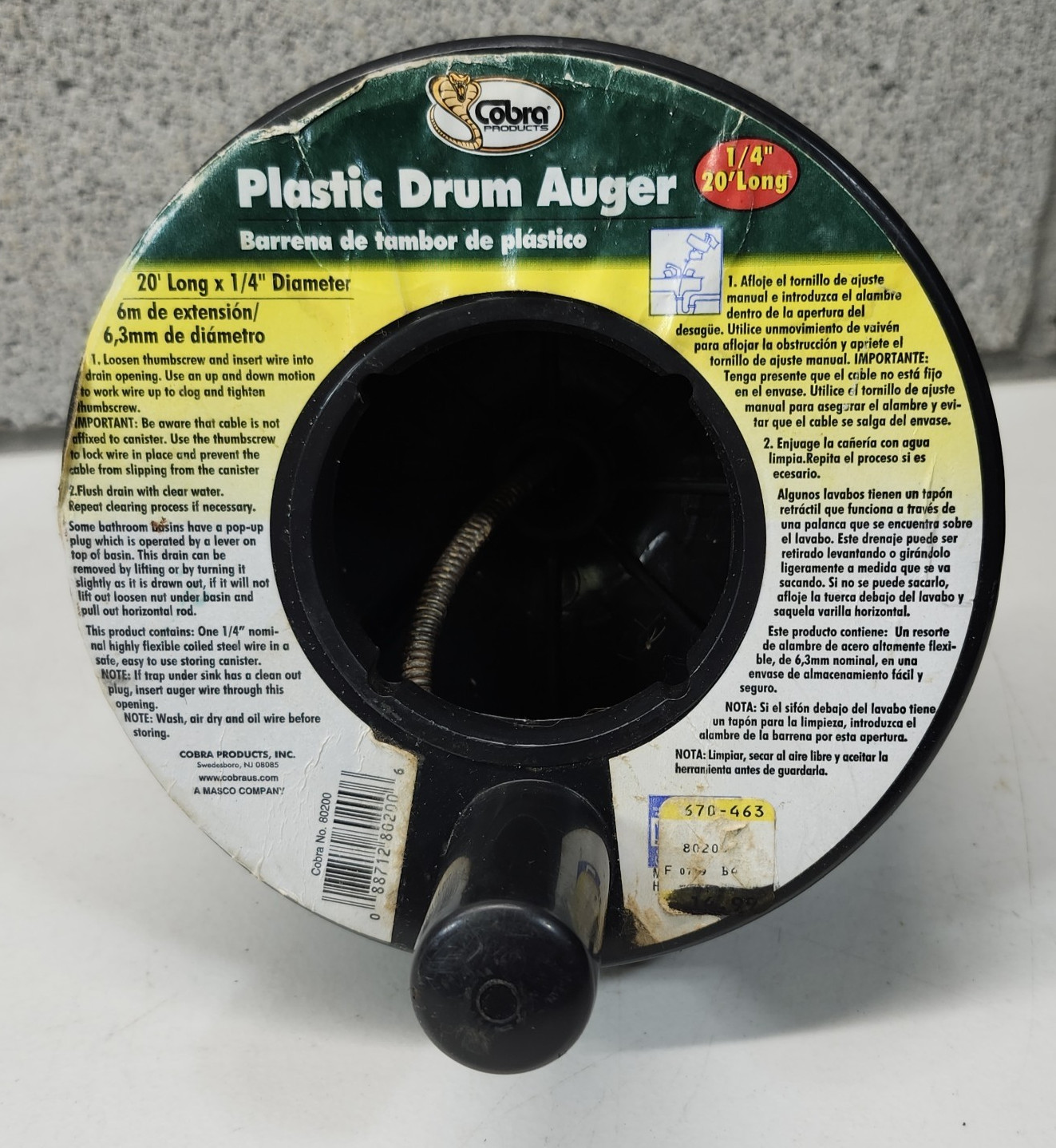 Cobra Products Plastic Drum Auger 1/4" X 20' Cable