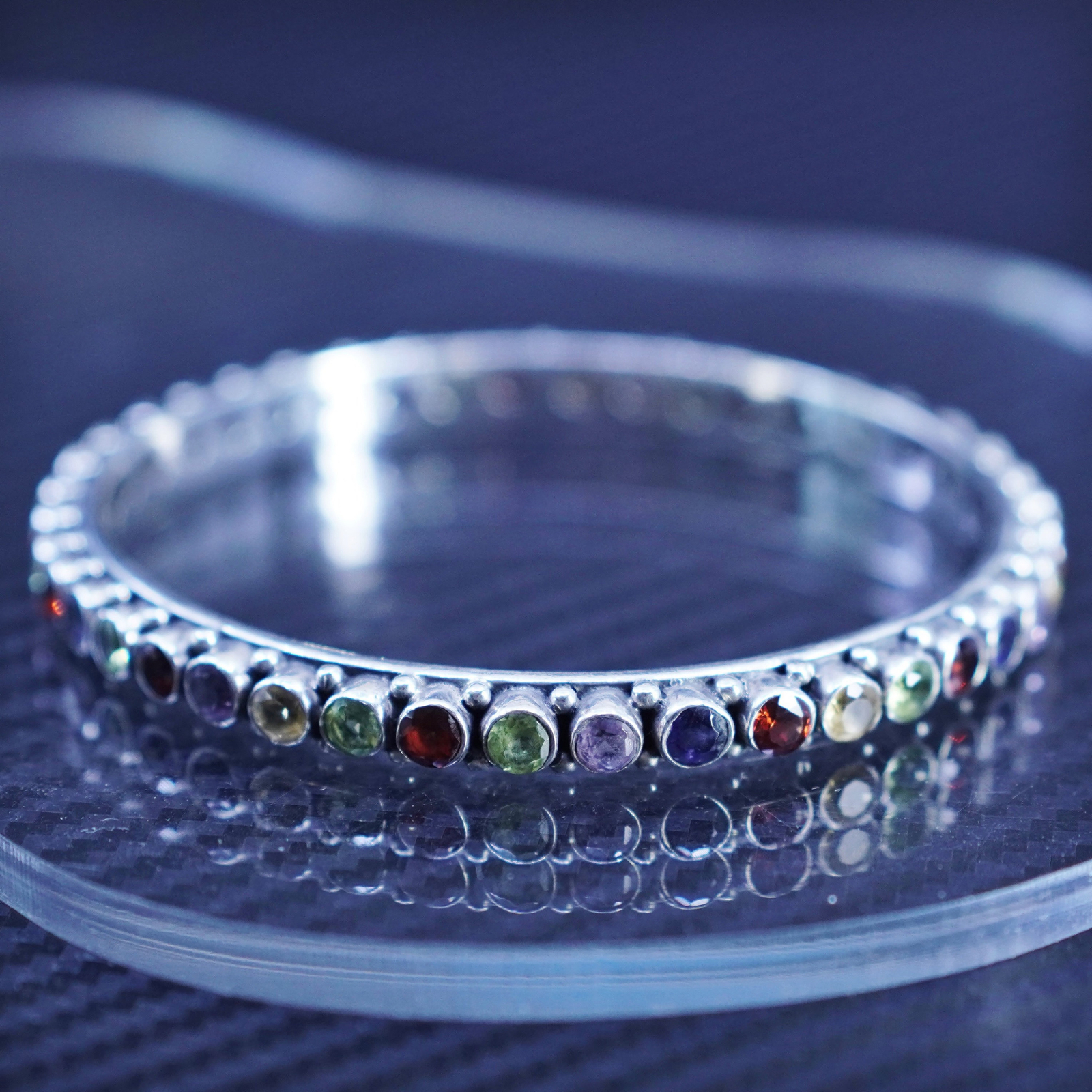 7.5”, southwestern sterling silver 925 stackable bangle bracelet with peridot