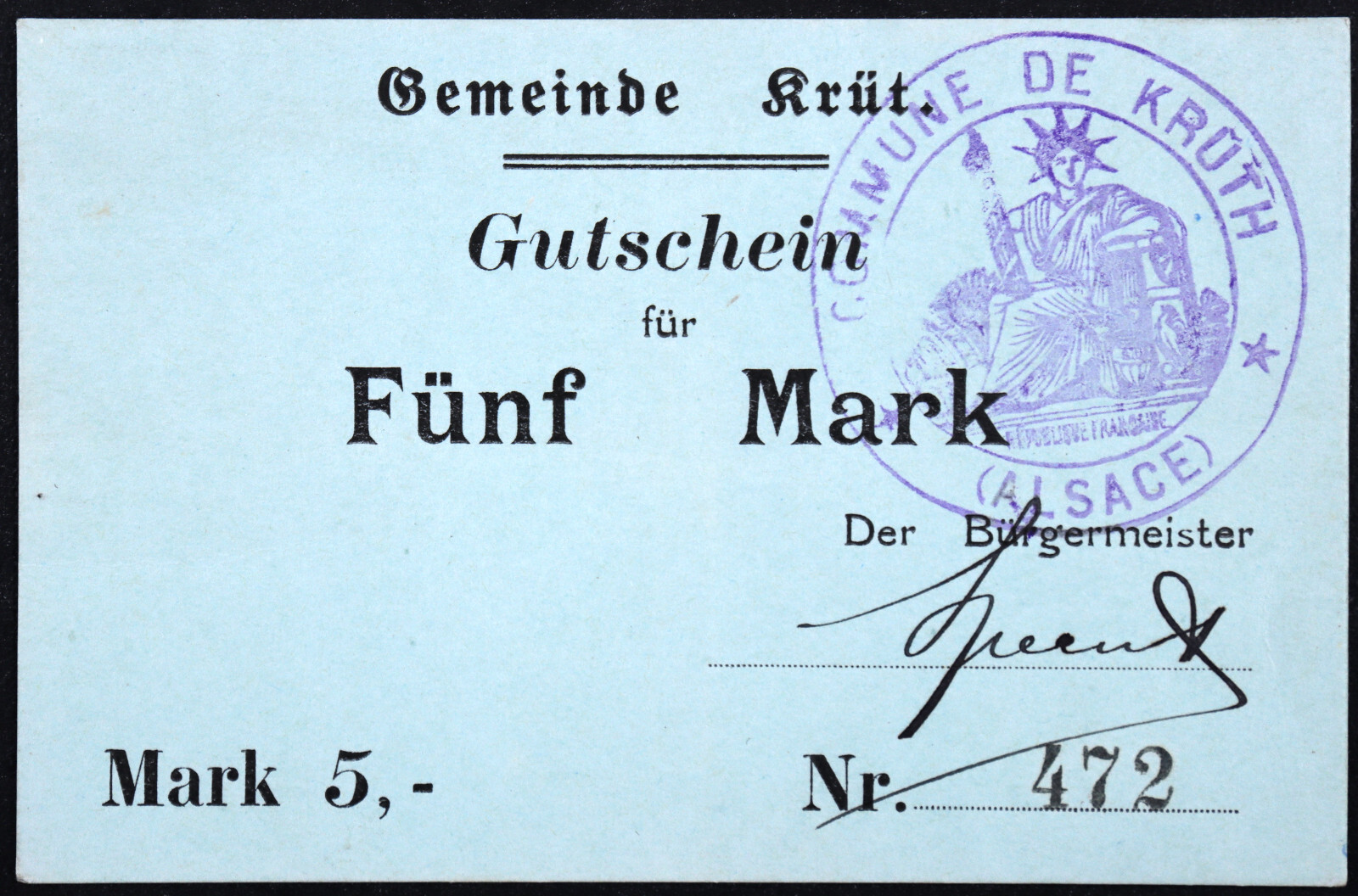 KRÜT / KRUTH 1914 5 Mark Early WWI German Notgeld France Alsace Elsass