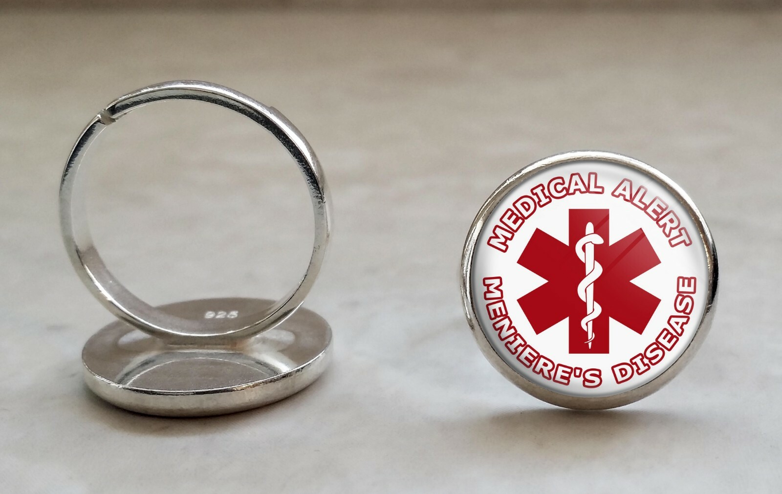 Meniere's Disease Medical Alert 925 Sterling Silver Adjustable Ring