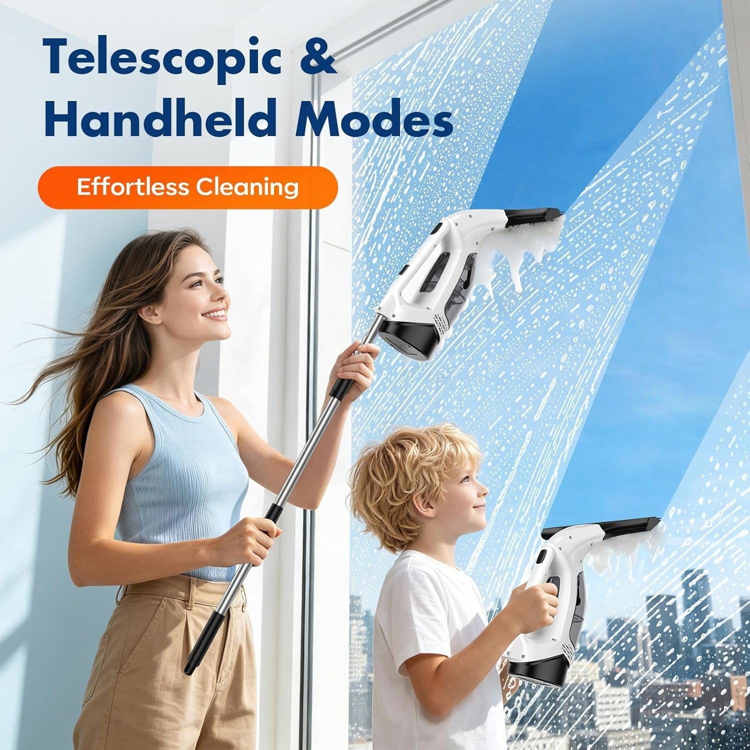 Window Vacuum Squeegee Cordless with Extension Pole,Electric Window Cleaner Tool