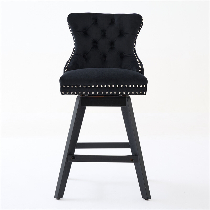 Set of 2 Swivel Velvet Barstools w/Button Tufted Decoration & Wooden Legs Black