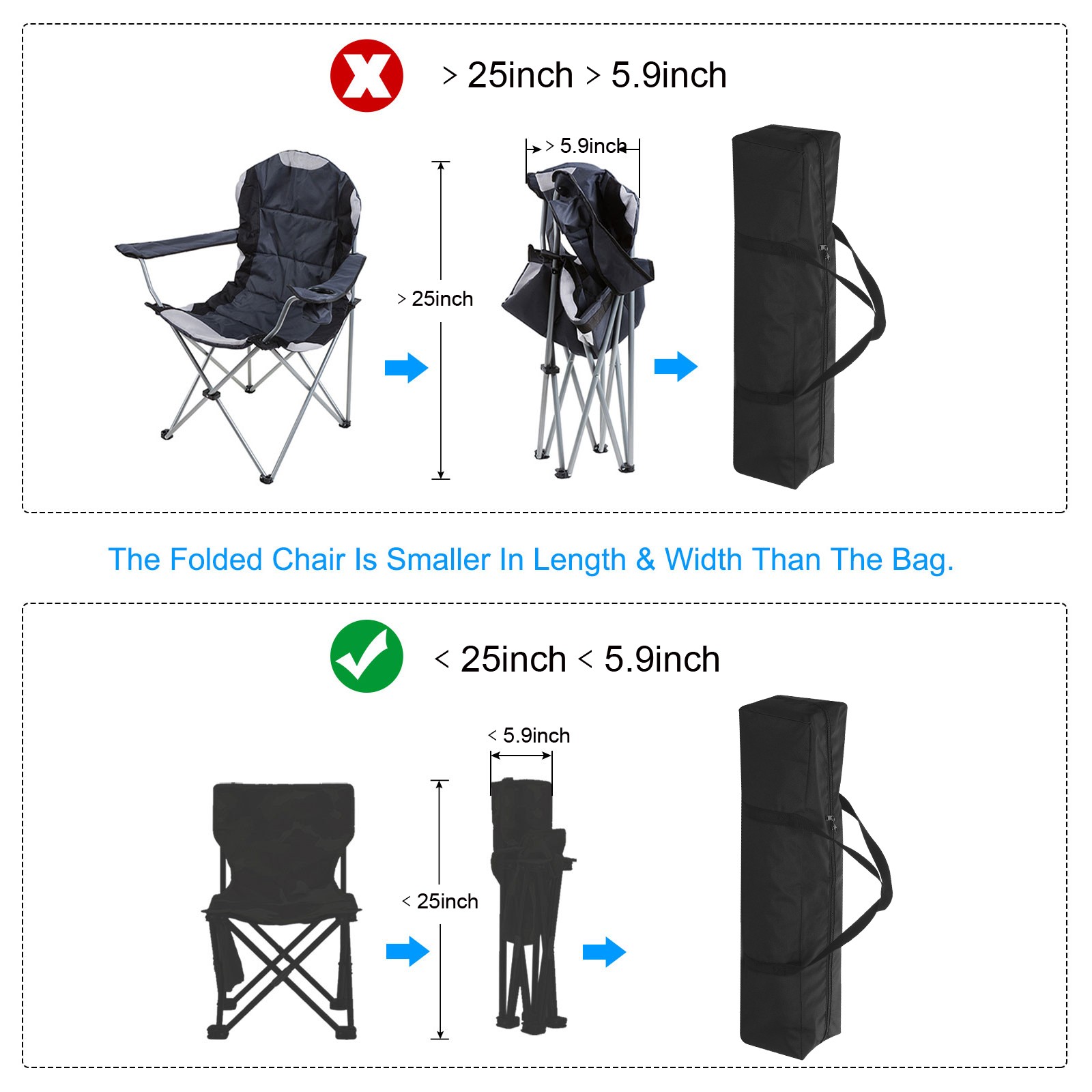 2Pcs 25" Camp Chair Replacement Bag Nylon Large Zippered Carrying Bag with Strap