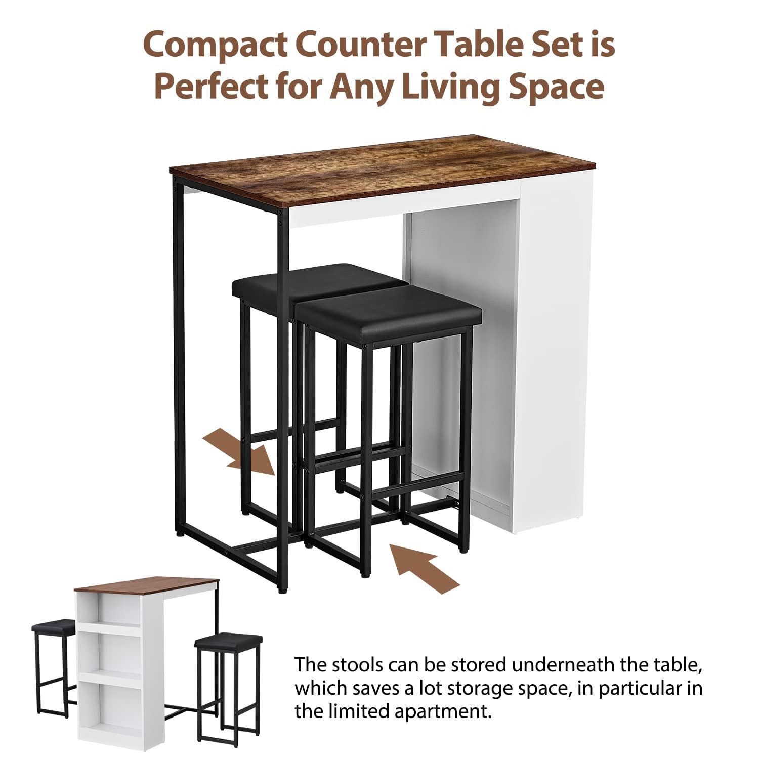 3 Piece Dining Table Set Kitchen Bar Table with Two Stool Storage Shelves Woo...