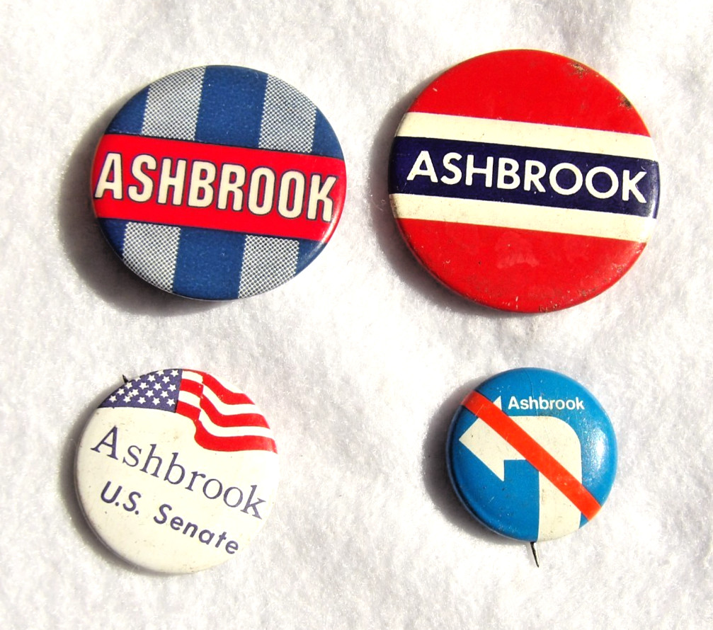4 vintage ASHBROOK U.S. SENATE badges PINBACKS buttons ELECTION POLITICS  1980's