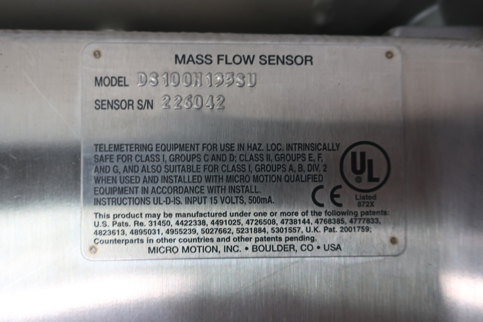 Micro Motion DS100H135SU Mass Flow Sensor 1in 300