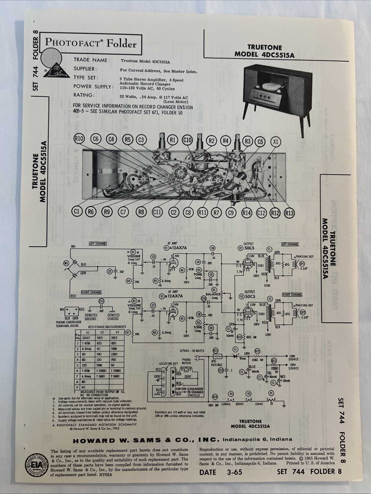 Vintage Sams Photofact Schematic 3-1965 TRUETONE MODEL 4DC5515A