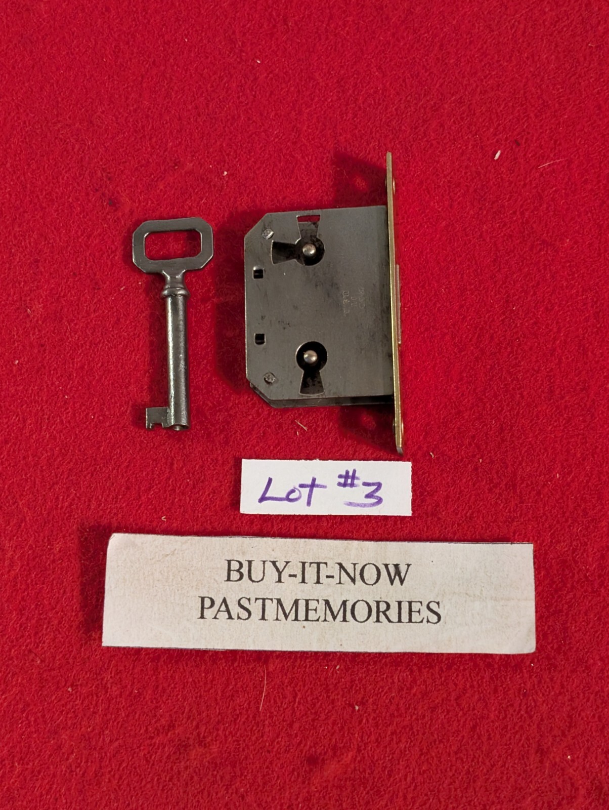 VINTAGE FURNITURE HARDWARE LOCK MECHANISM W/ KEY, OLD ANTIQUE LOCK LOT #3