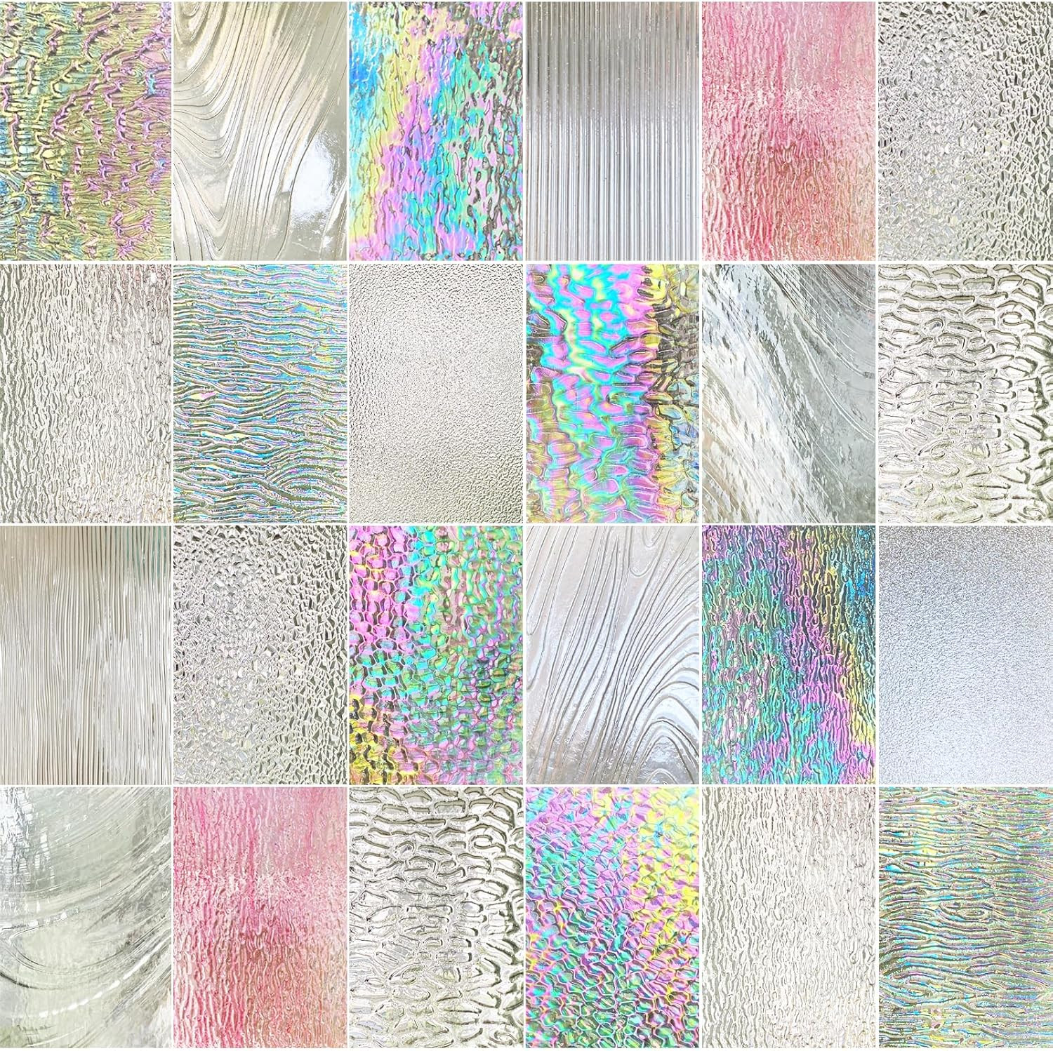 24 Sheets Clear Textured Stained Glass Sheets Variety Pack, 4 X 6 inch Iridescen