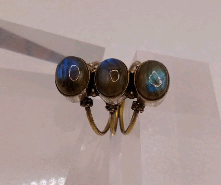 3 Stone Labradorite 3 In One Ring Brass Statement Ring Size 8 Silver Plated