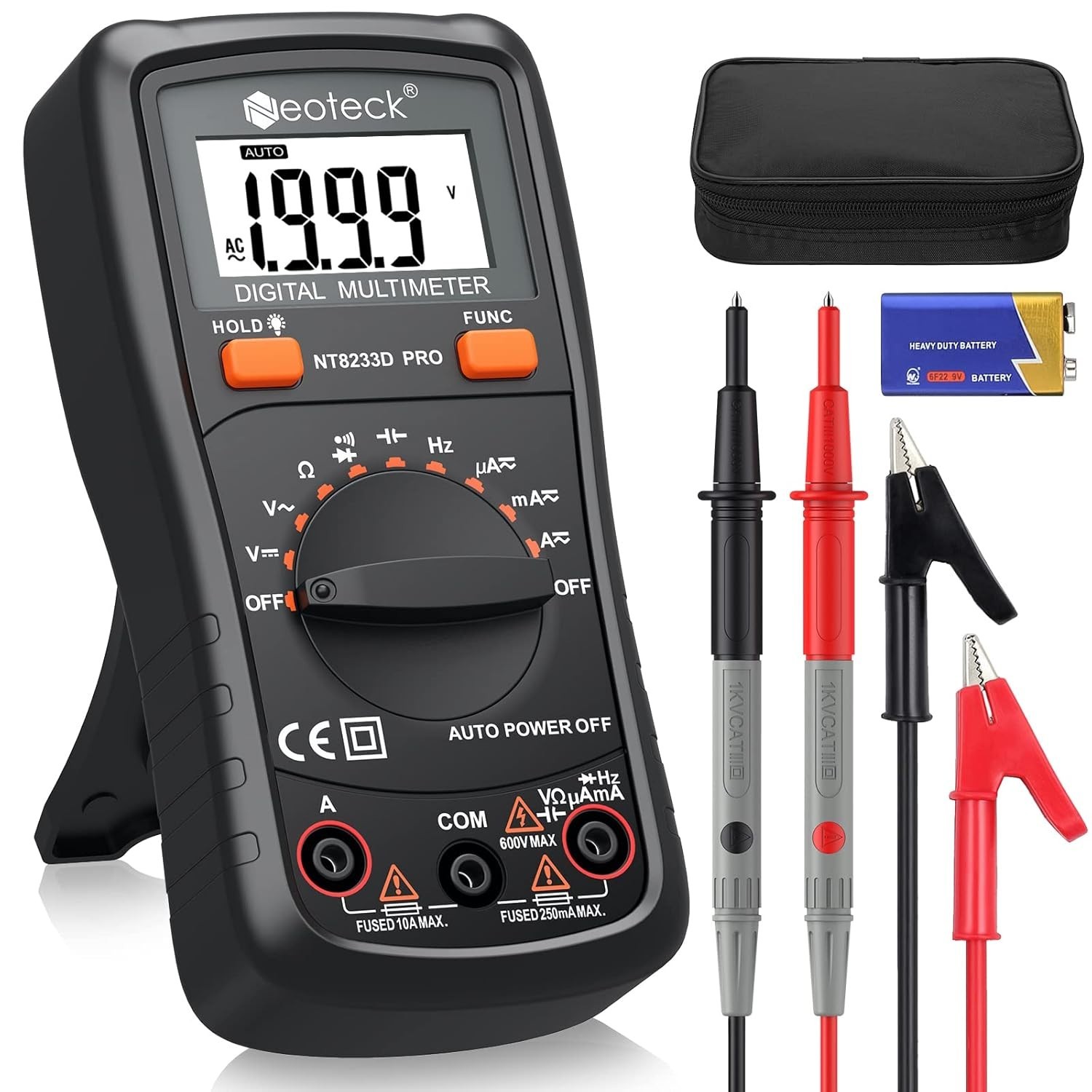 Battery Powered Digital Multimeter with Large Backlit LCD Display and Leads