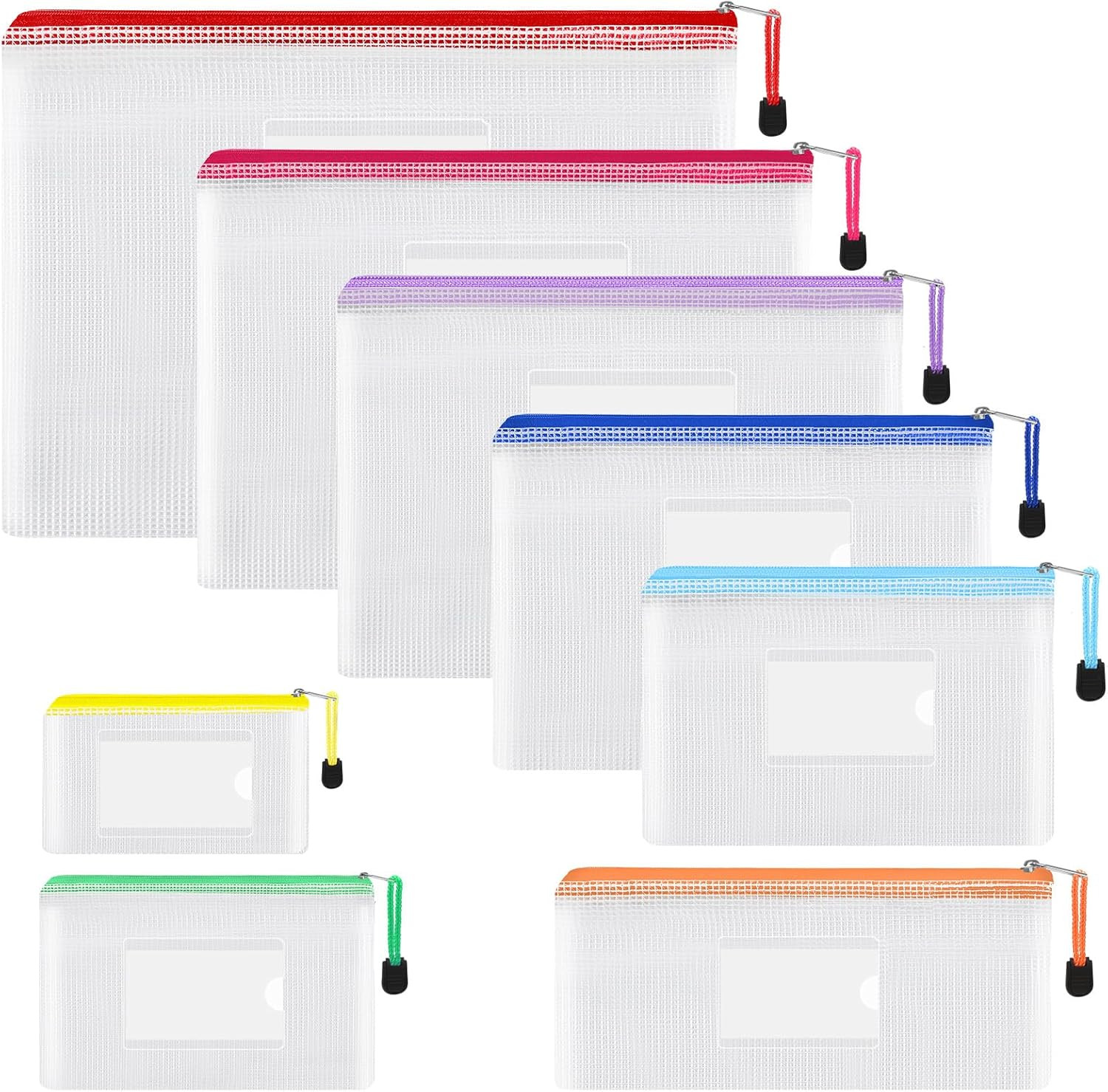 8Pcs Mesh Zipper Pouch - 8 Sizes Waterproof Zipper Bags, 8 Colors Waterproof Pla