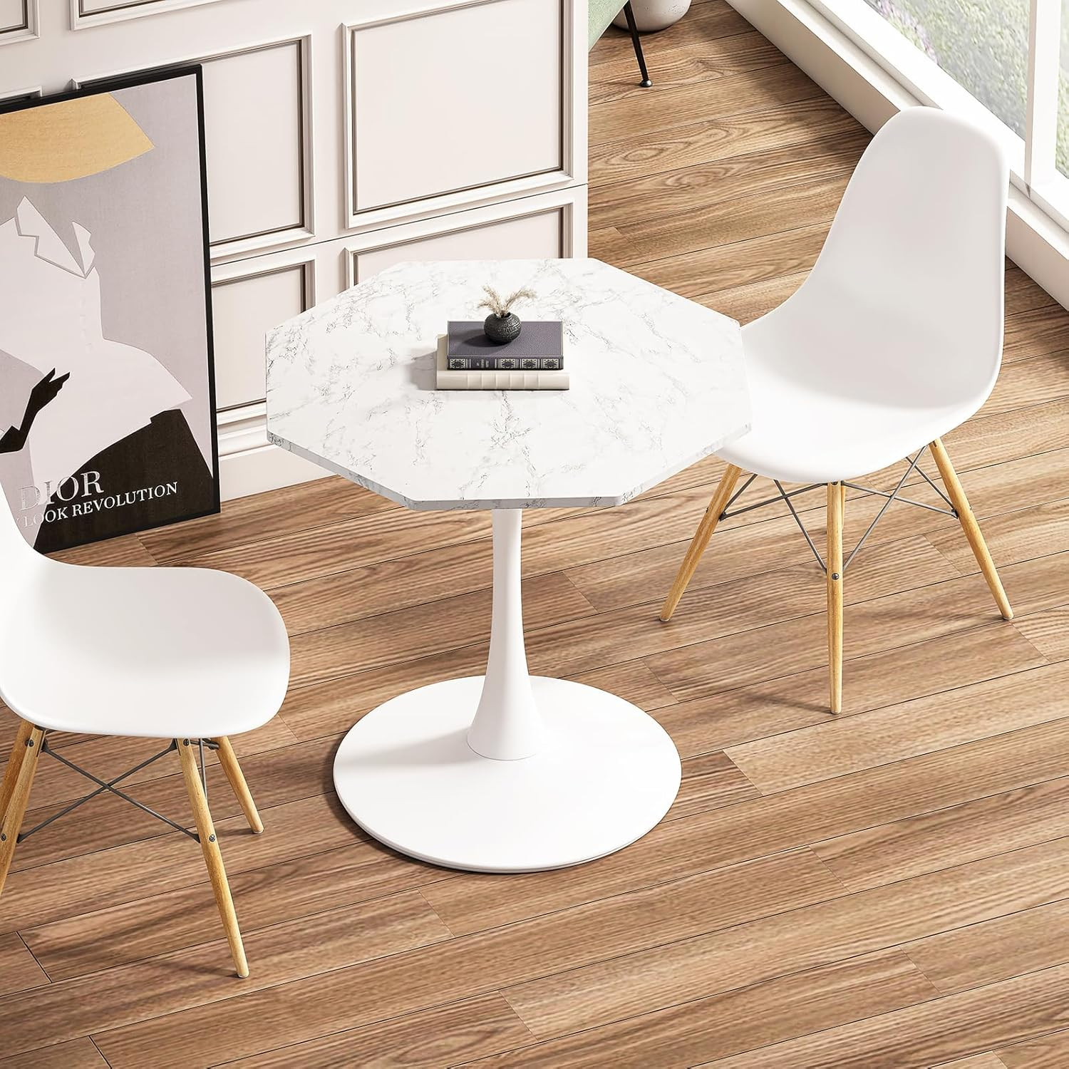 Modern Octagonal Coffee Table with White Marble Top & Metal Base, 31.5