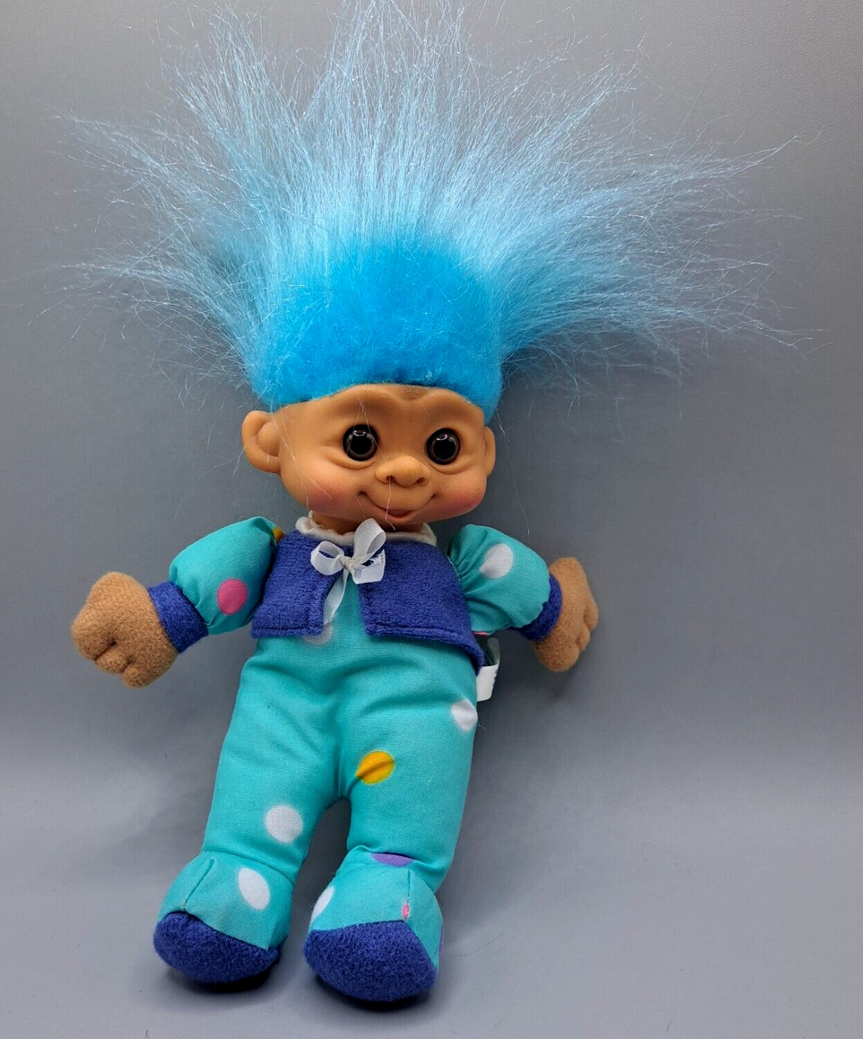 VTG Multi Toy Troll Pale Blue Hair Brown Eyes Soft Body blue & pink outfit 1990