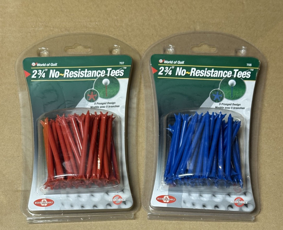 2 PACKS JEF WORLD OF GOLF 2  3/4" NO RESISTANT 5 PRONG GOLF TEES  - RED & BLUE