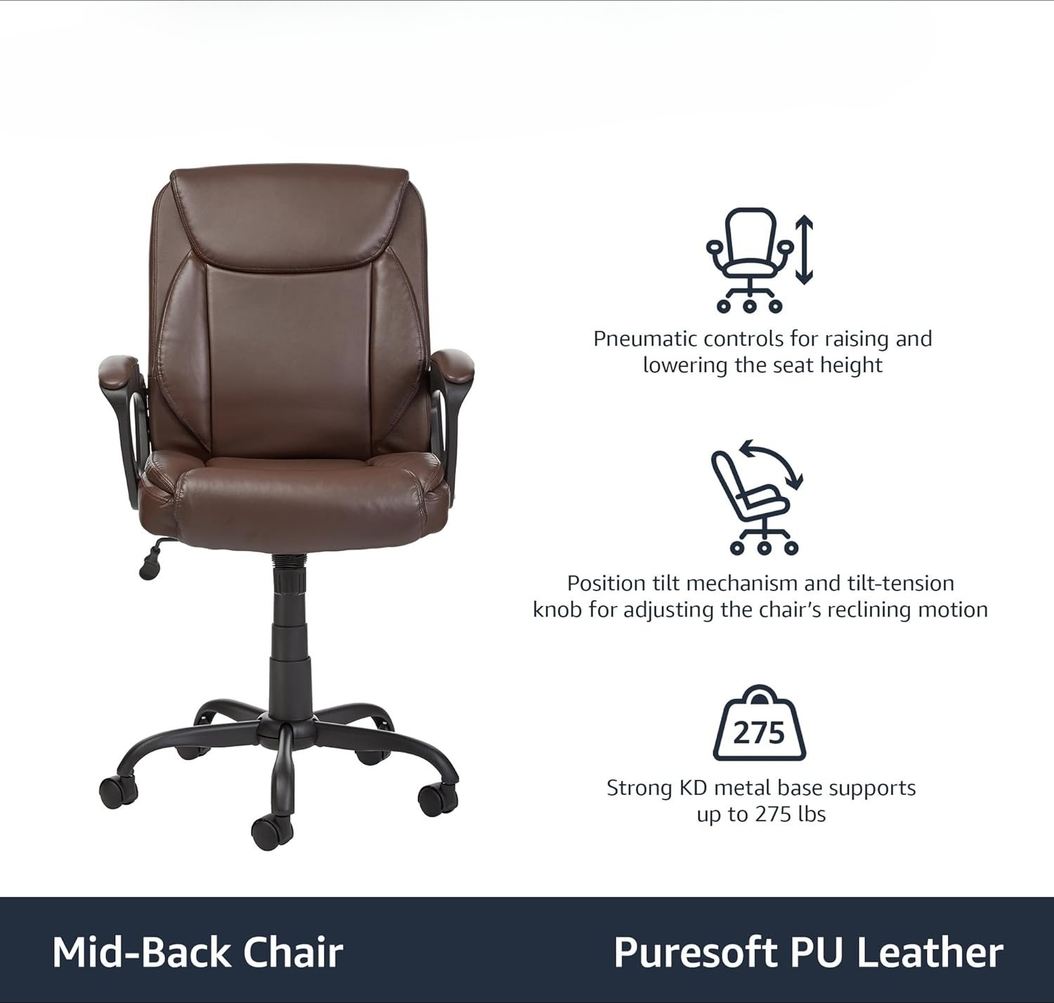 PU Padded Mid-Back Height Adjustable Office Computer Desk Chair w/ Armrest Brown