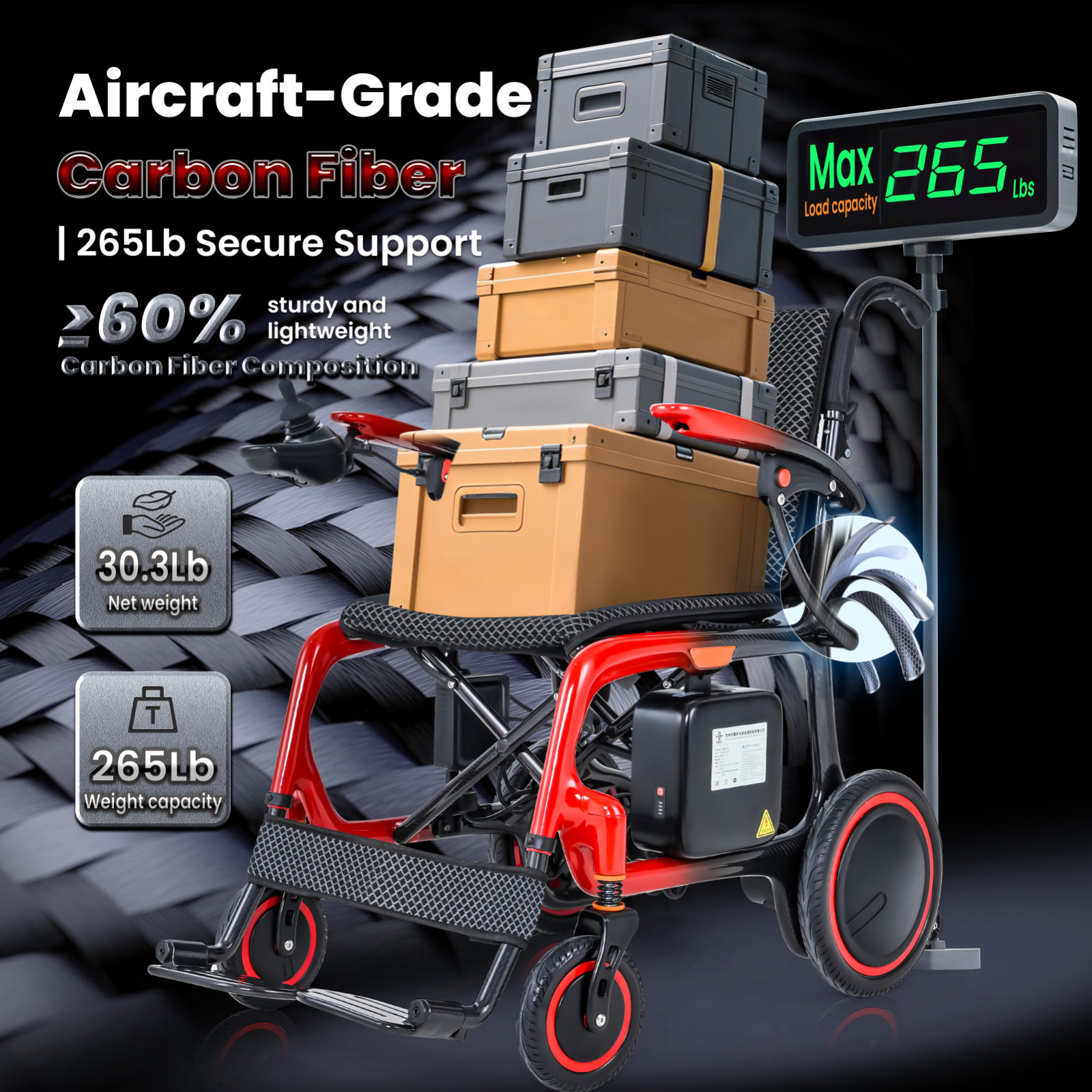 30lbs Lightweight Electric Wheelchair, Carbon Fiber Chair, Brushless Motor, 24AH