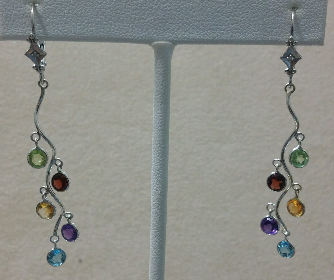 14k White Gold Earrings With Natural Multicolors Gem Stones