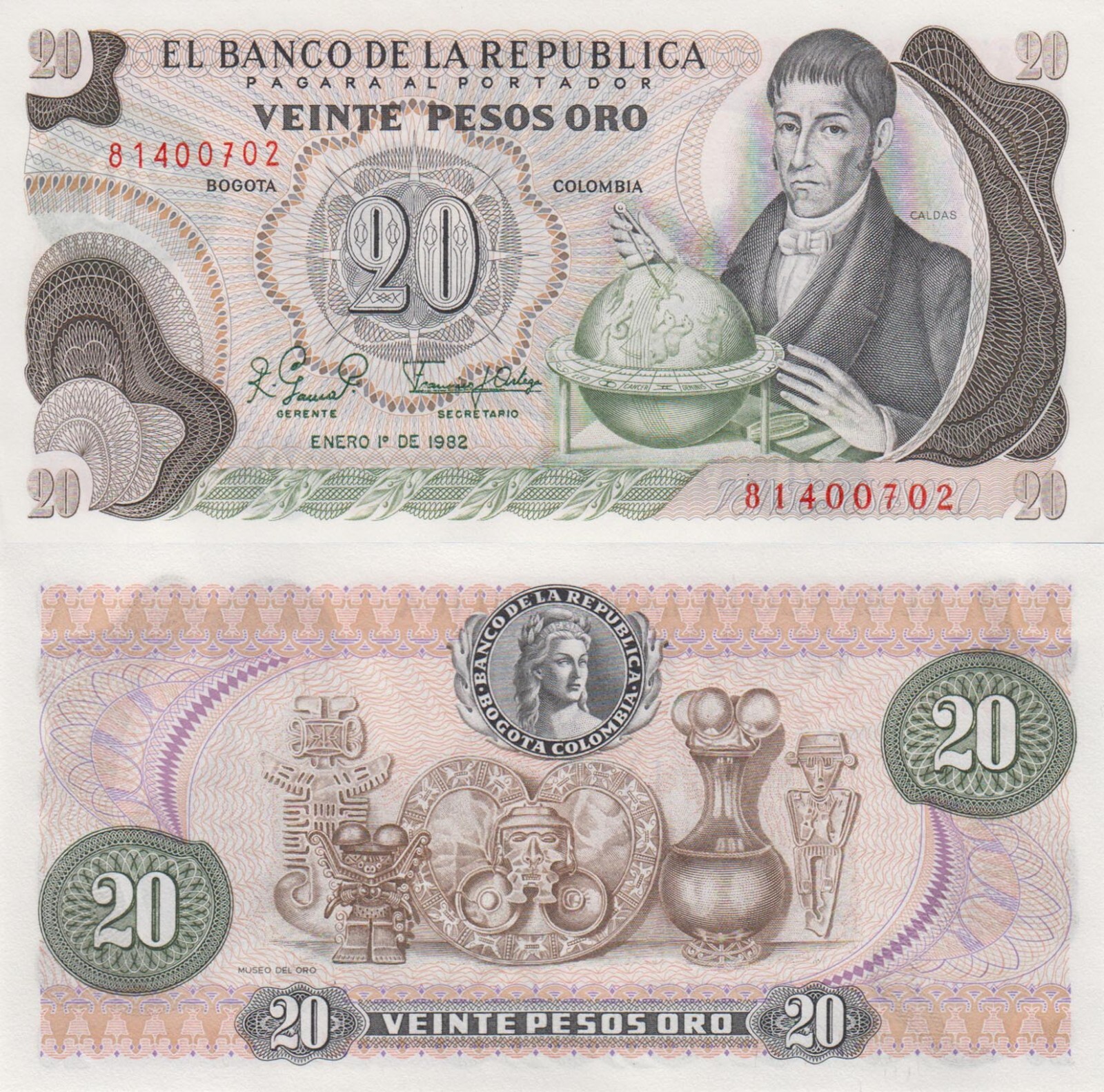 Colombia 20 Pesos (1982) - Francisco Jose de Caldos/p409d UNC