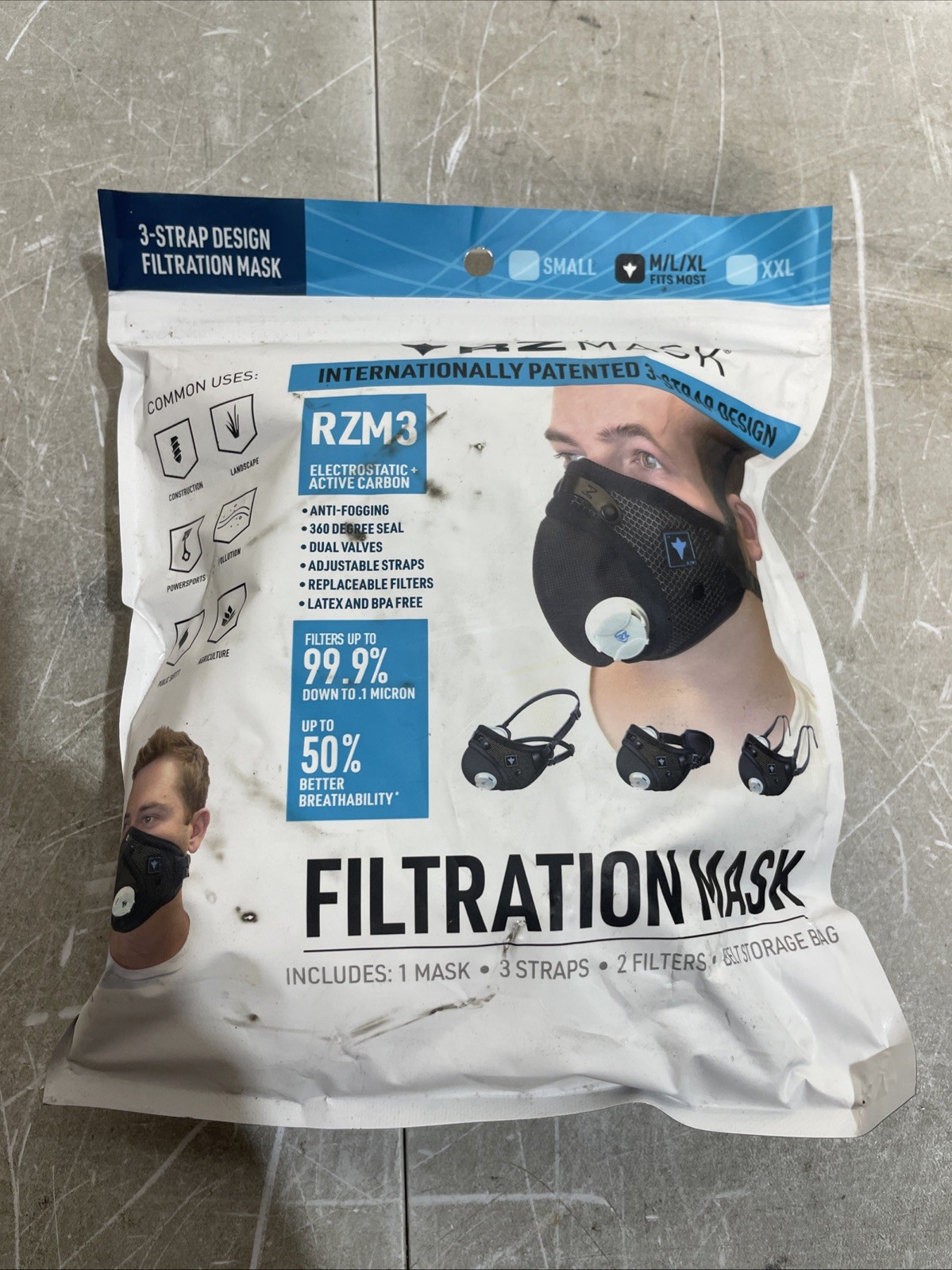RZ Mask RZM3 - Patented Dust Mask w/ 99.8% Carbon Filtration, Anti Fog M/L/XL