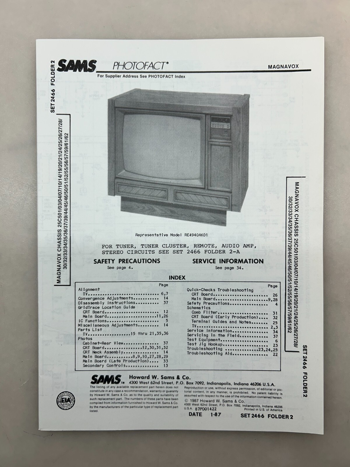 Magnavox 25C501 Service Manual Sams Photofact Free Shipping