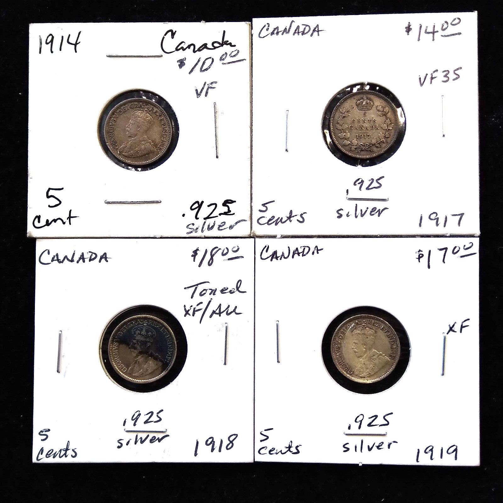 Lot of 4 Canada 5 Cent Silver Coins (1914-1919)