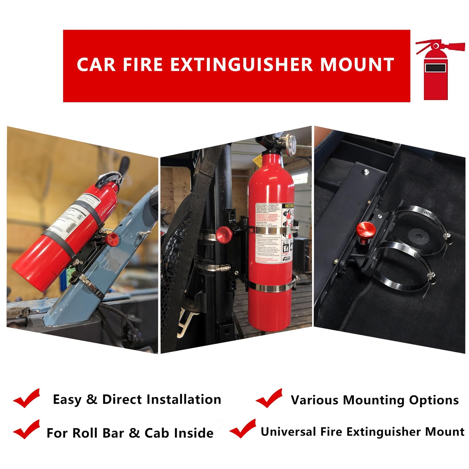Quick Release Fire Extinguisher Mount - Aluminum Adjustable UTV Roll Bar Fire