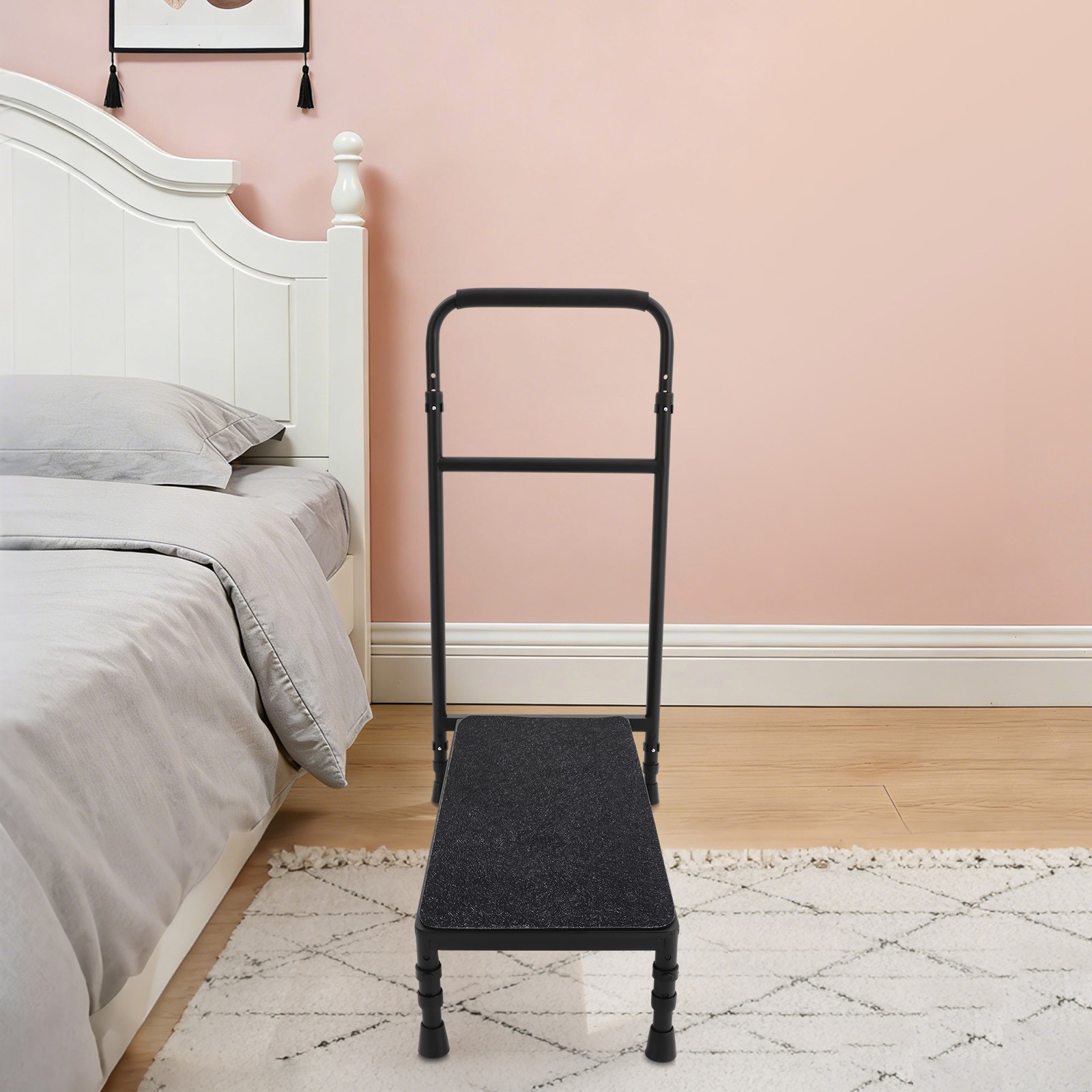 Bedside Step Stool Large Adjustable Height with Stable Assist Rail Bed Step