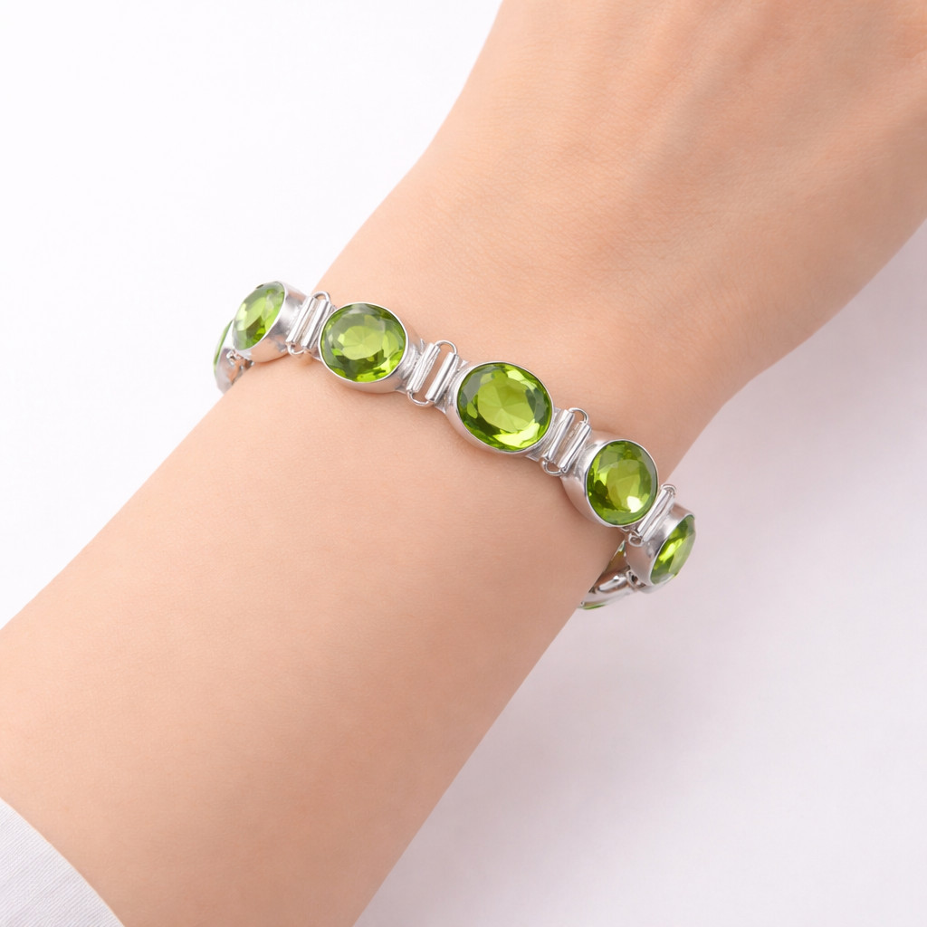 Natural Peridot Gemstone bracelet 925 Sterling Silver August Birthstone Jewelry