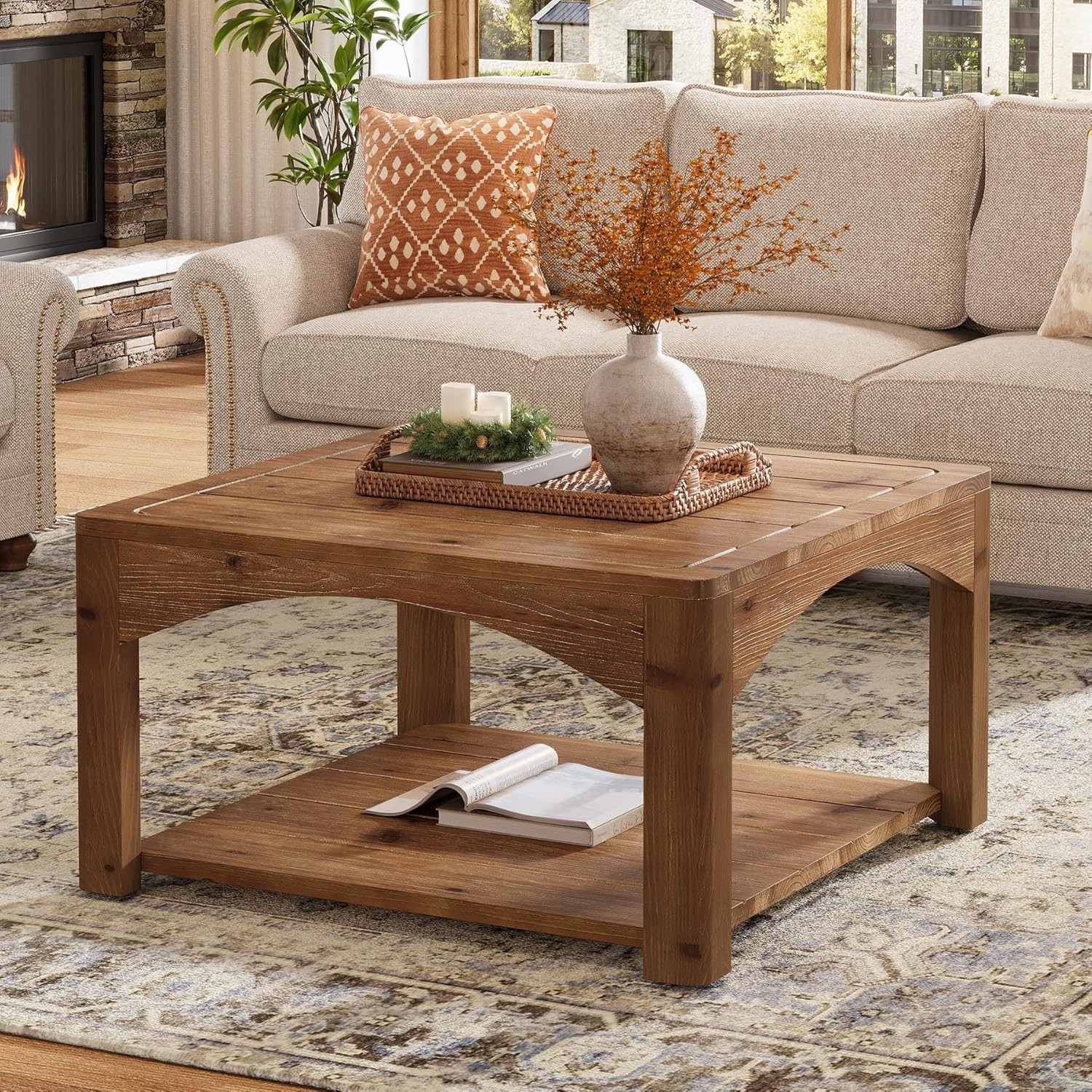 31.5-Inch Solid Wood Coffee Table 2 Tier Square Center Table for Living Room