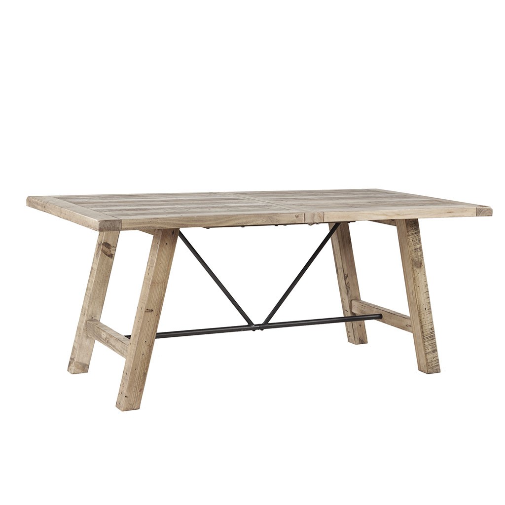 Solid wood dining table, metal stretcher, solid pine top and legs
