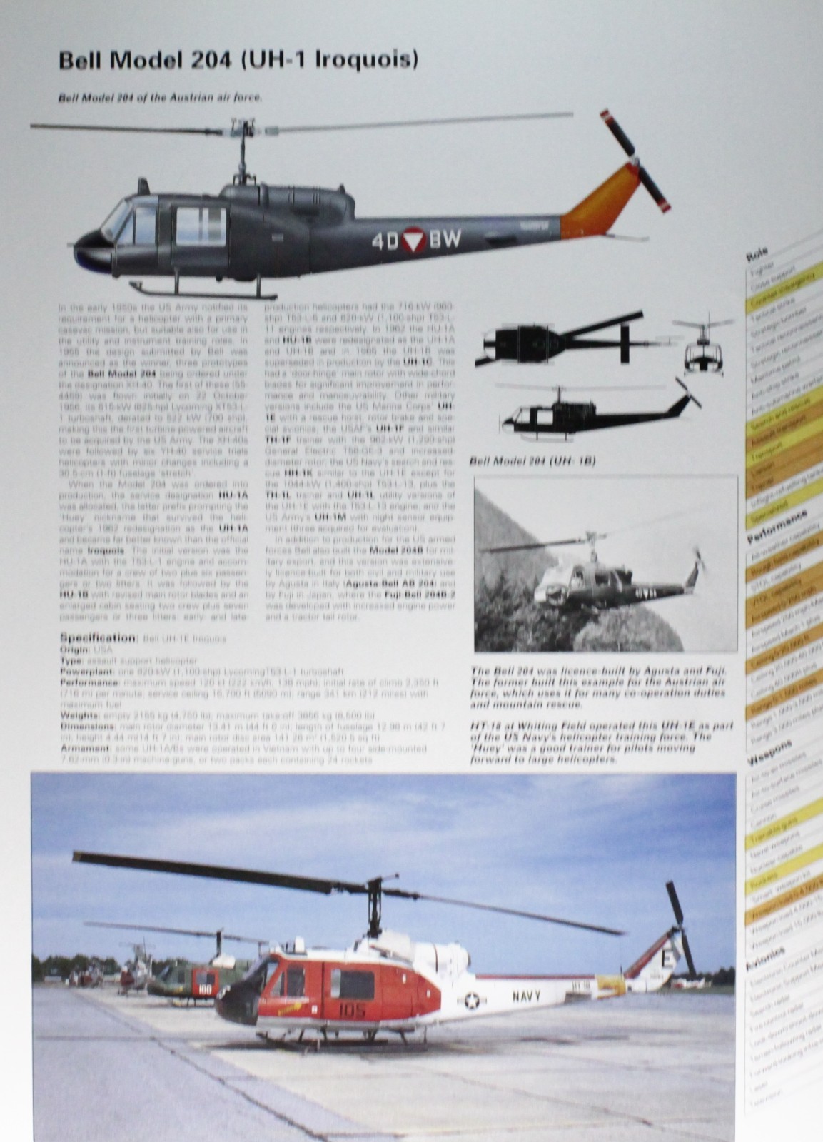 Bell 204 UH-1 Iroquois Helicopter Picture Vintage Specs Sheet Wall Art Decor