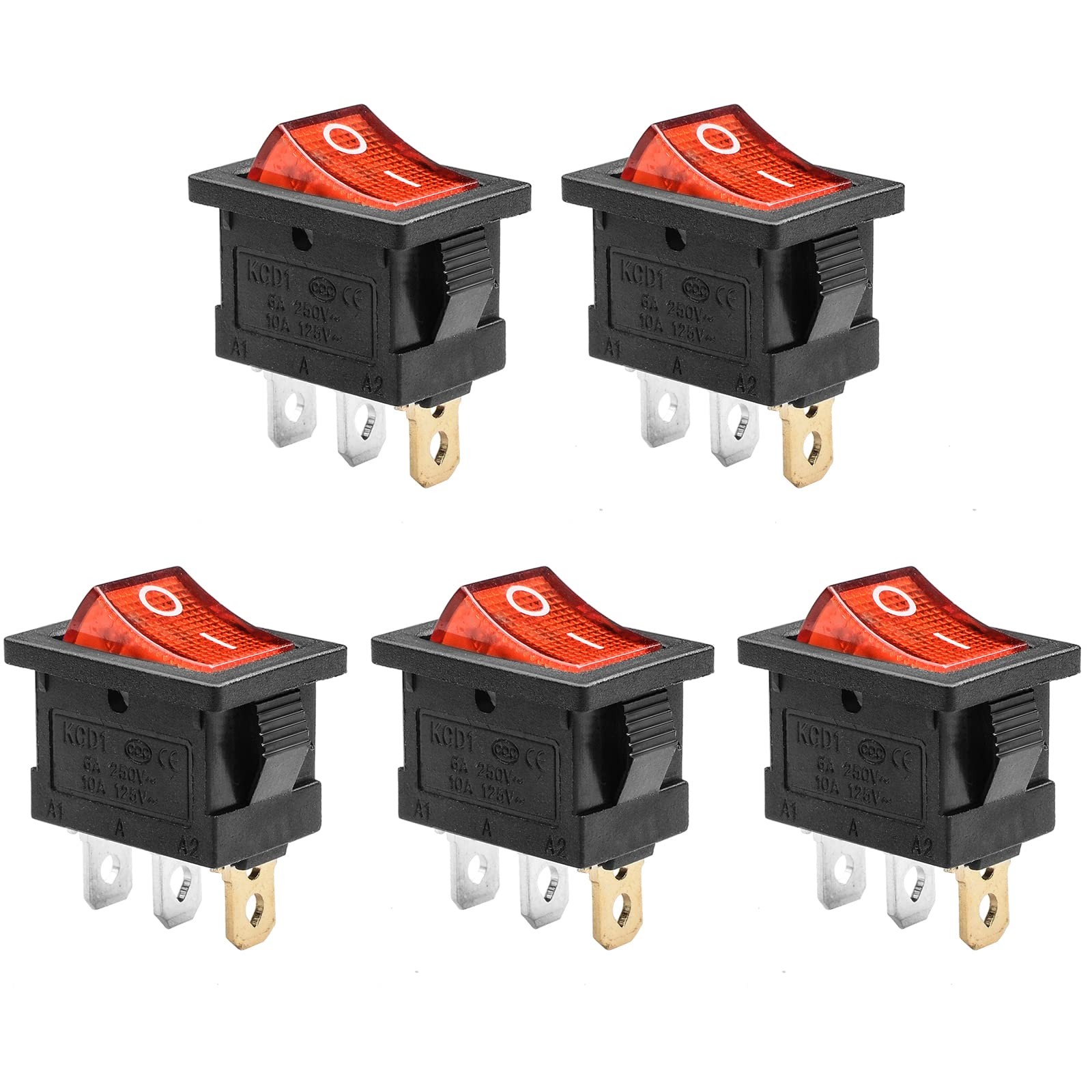 5 PCS KCD1 On/Off 3Pin 2Position Snap 10A/125V 6A/250V Red LED Rocker Switch
