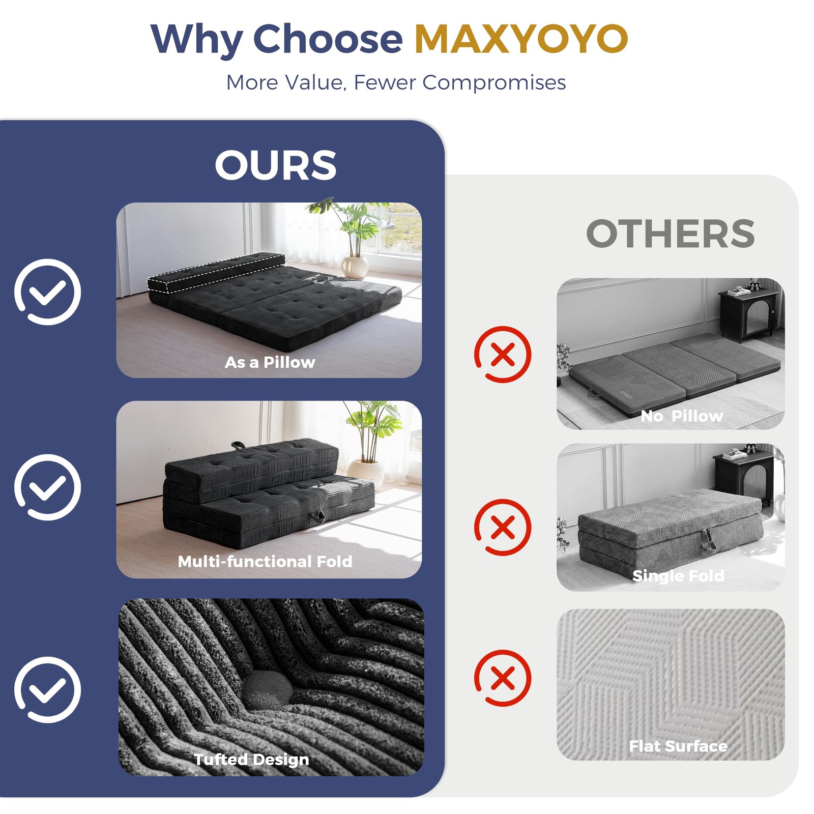 Foldable Sofa Couch Bed, 4 Inch Tufted Folding Mattress, Portable Floor Couch...