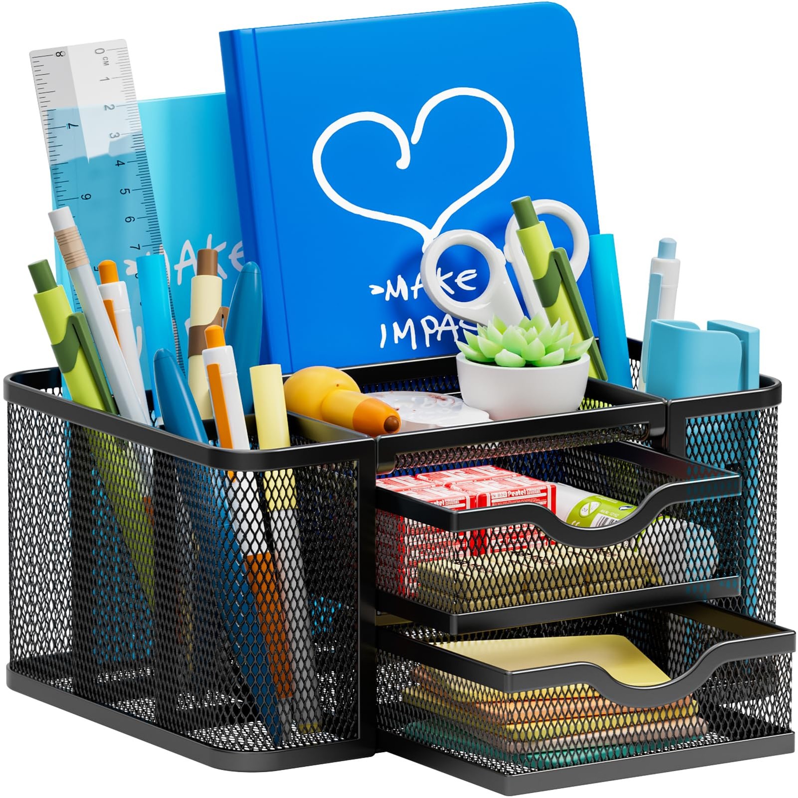 Mesh Desk Organizer, Pen Organizer with 2 Drawer, Multi-Functional Pencil Hol...