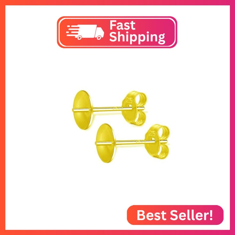 Adabele 100pcs 18K Yellow Gold Plated Earring Posts 6mm Cup 100pcs Backs