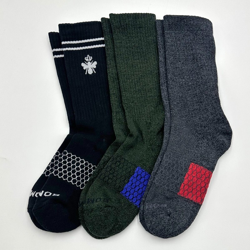 BOMBAS 3 Pairs Men's Solid Honeycomb Calf Socks Cushion 3 Colors Size Med 6-9