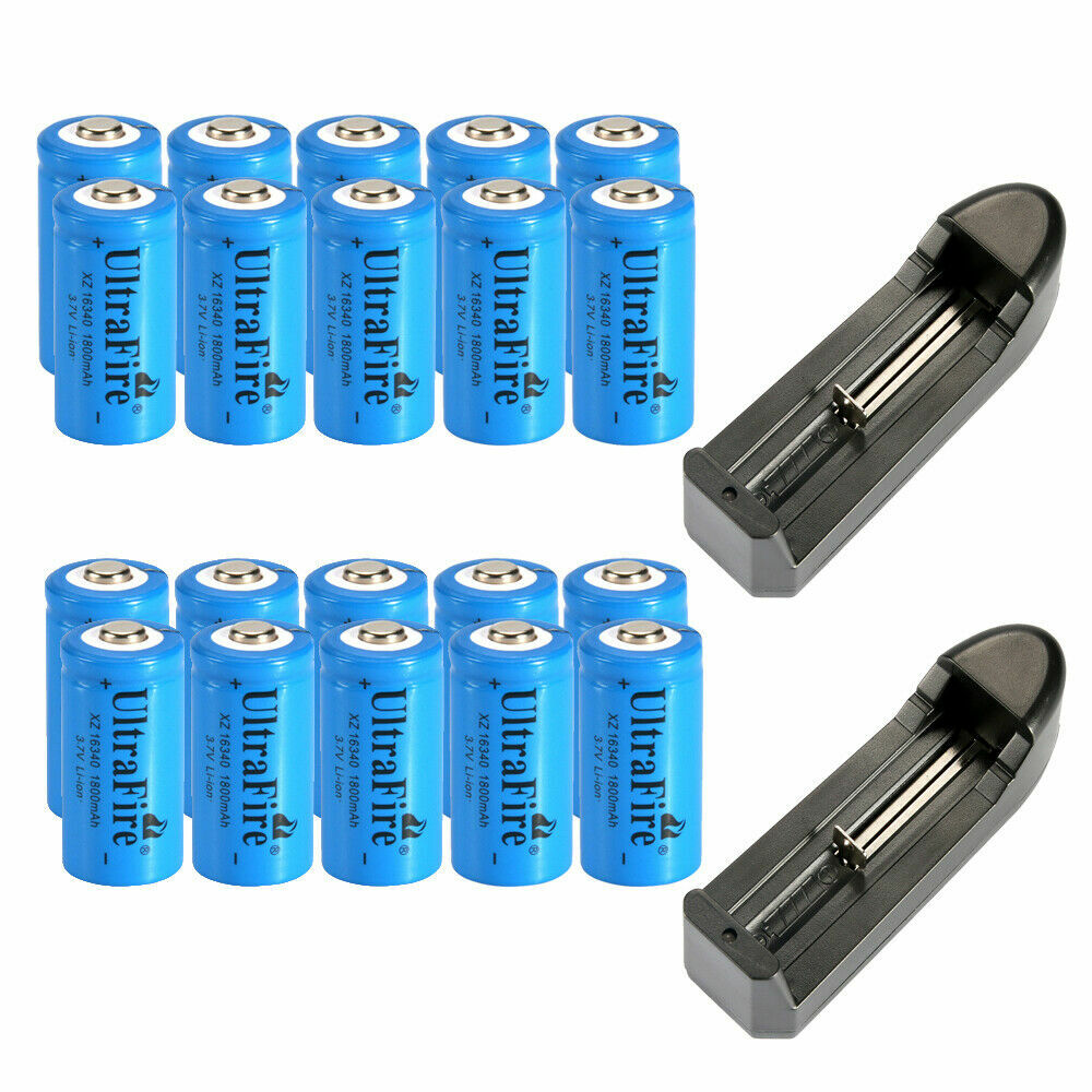 UltraFire 16340 Battery 1800mAh RCR123A Rechargeable 3.7V Cell Charger Lot