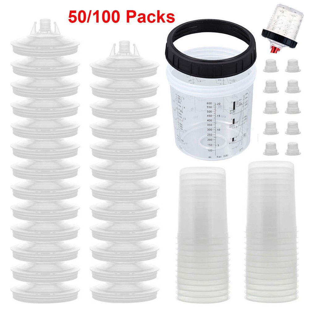 50/100 Disposable Paint Spray Gun Cup Liners and Lid System (190 Mic) 4 Size