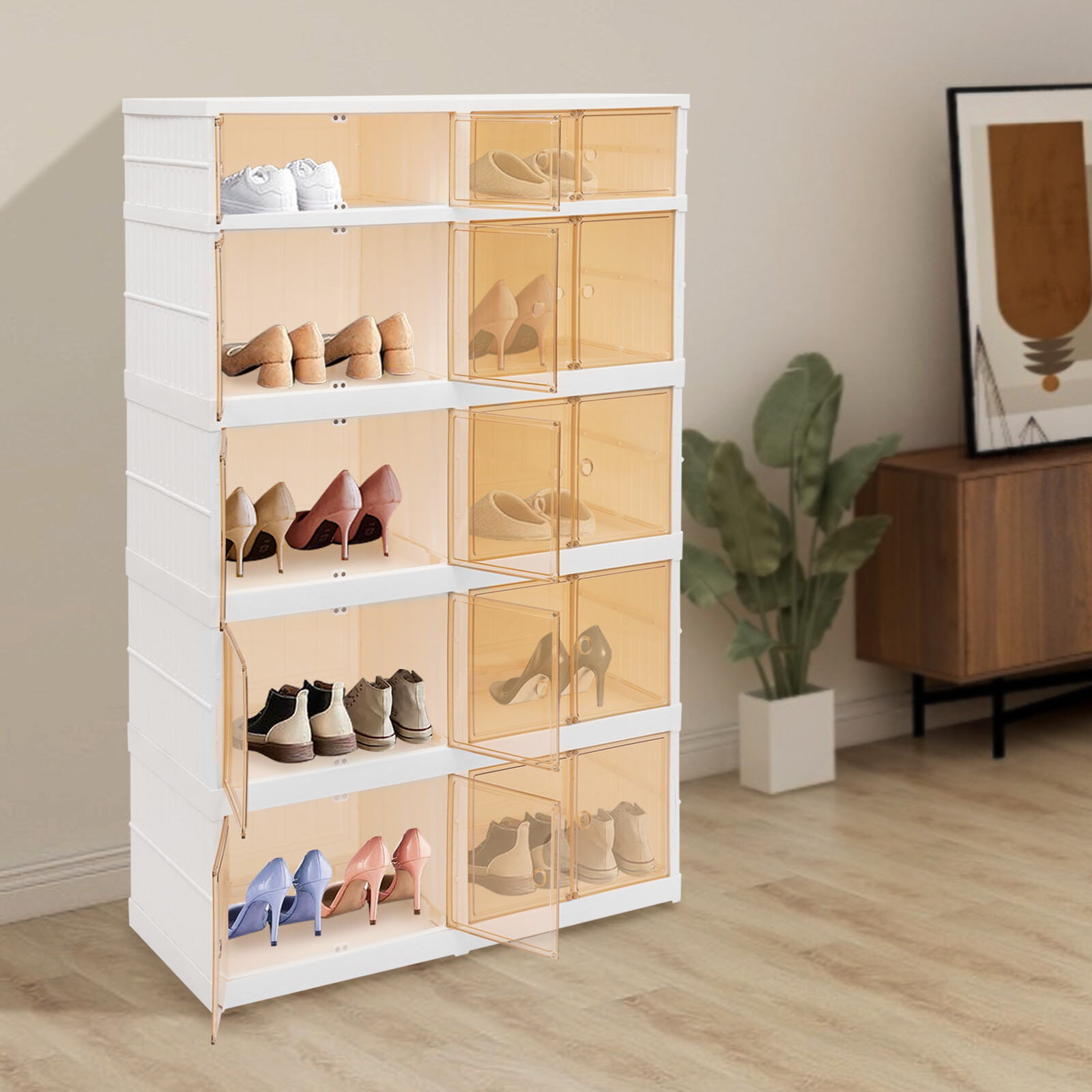 5 Tier Plastic Storage Containers with Doors & Wheels Foldable Organization