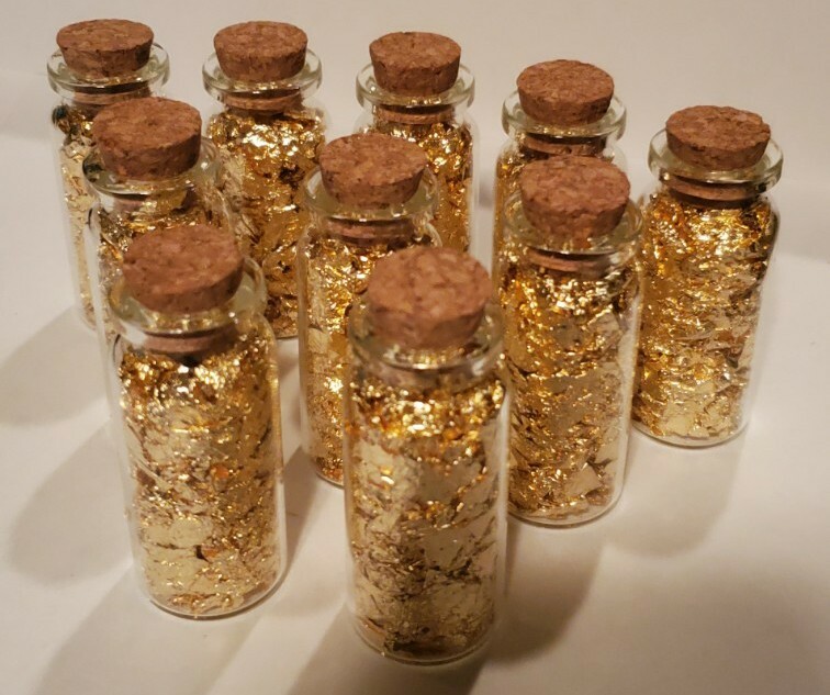 10 HUGE BOTTLES of Gold Flakes 10 ml. Glass Bottles + Cork BIGGEST BEST ON  EBAY