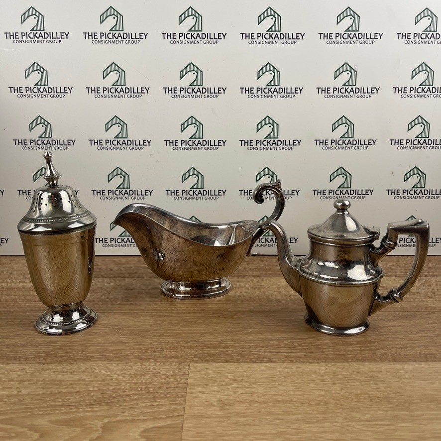 Vintage Silver Plated Hollowware Set Teapot Gravy Boat Sugar Shaker Creamer 6pc