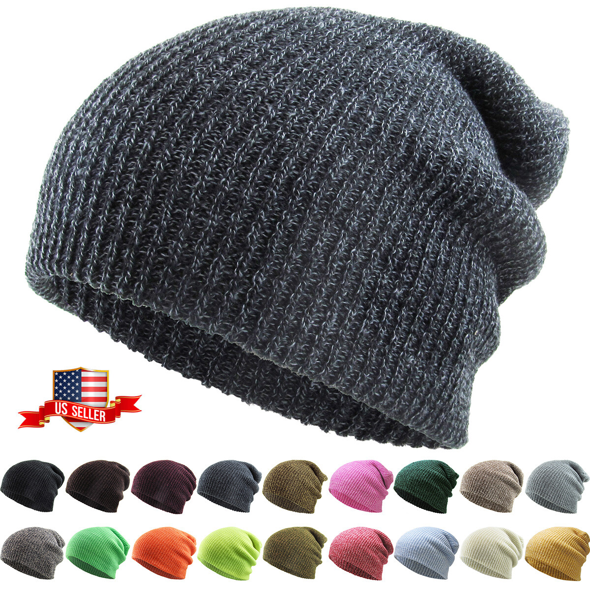 Slouchy Beanie Baggy Fit Winter Knit Ski Hat Skull Cap Oversized Heather
