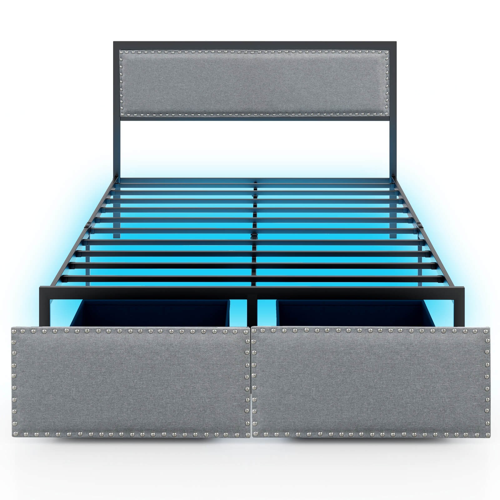 Full Size Bed Frame with 2 Storage Drawers LED Lights Slats Support Modern