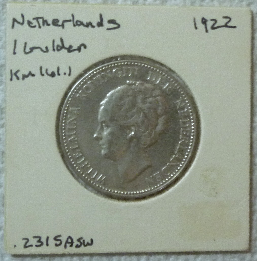 1922 NETHERLANDS - 1 GULDEN - WILHELMINA I - .945 SILVER - HIGH GRADE - KM# 161