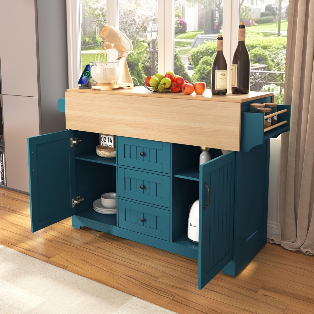 55.7'' Large Kitchen Island with 2 Drop Leaf,, Rolling Kitchen Cart on 5 Wheels