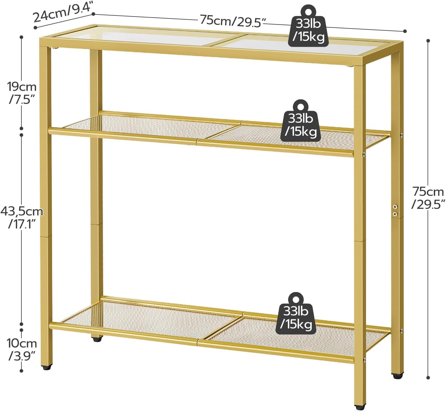 29.5" Narrow Console Table 3-Tier Tempered Glass Sofa Table Modern Entryway