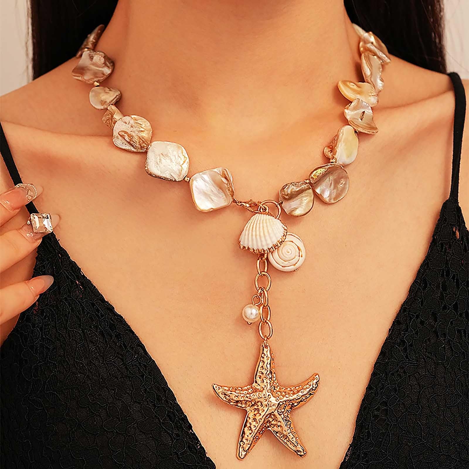 Olbye Starfish Shell Necklace Gold Seashell Pendent Adjustable, Nature