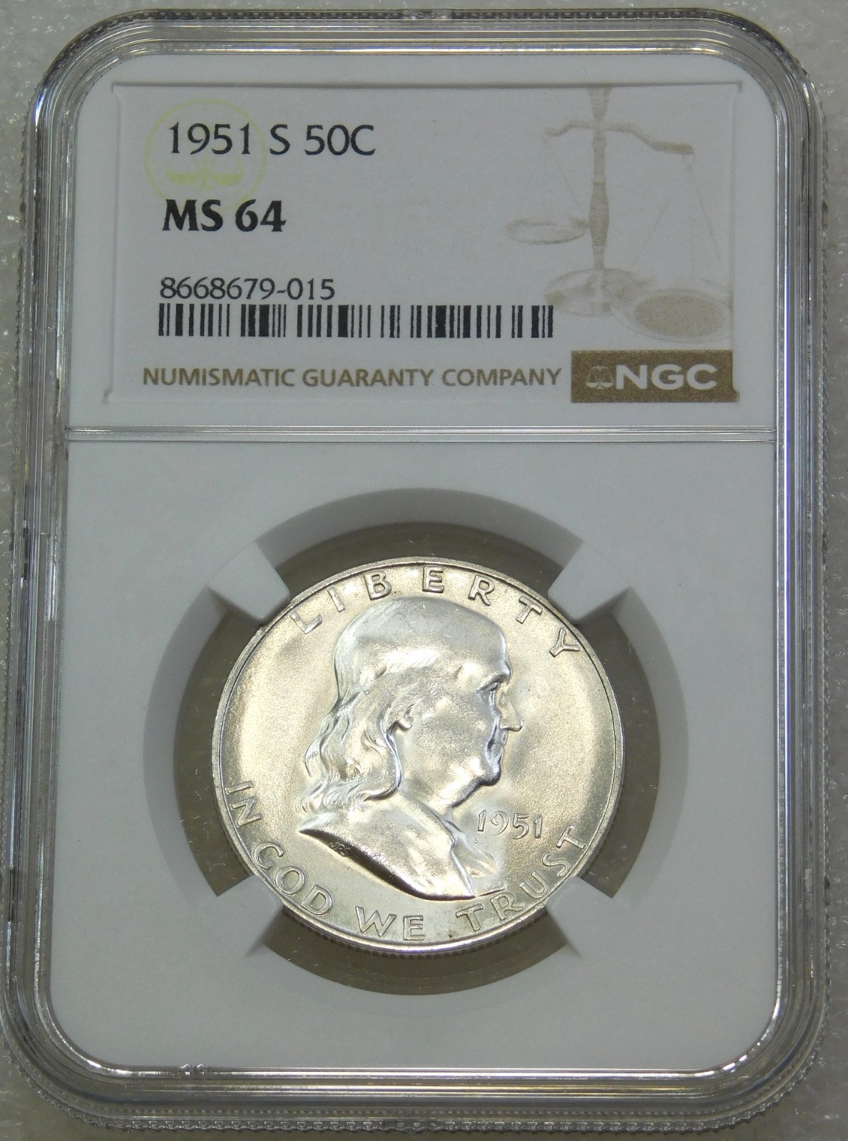 1951-S Franklin Half Dollar NGC MS64 Frosty White Just Graded New Holder #H342D