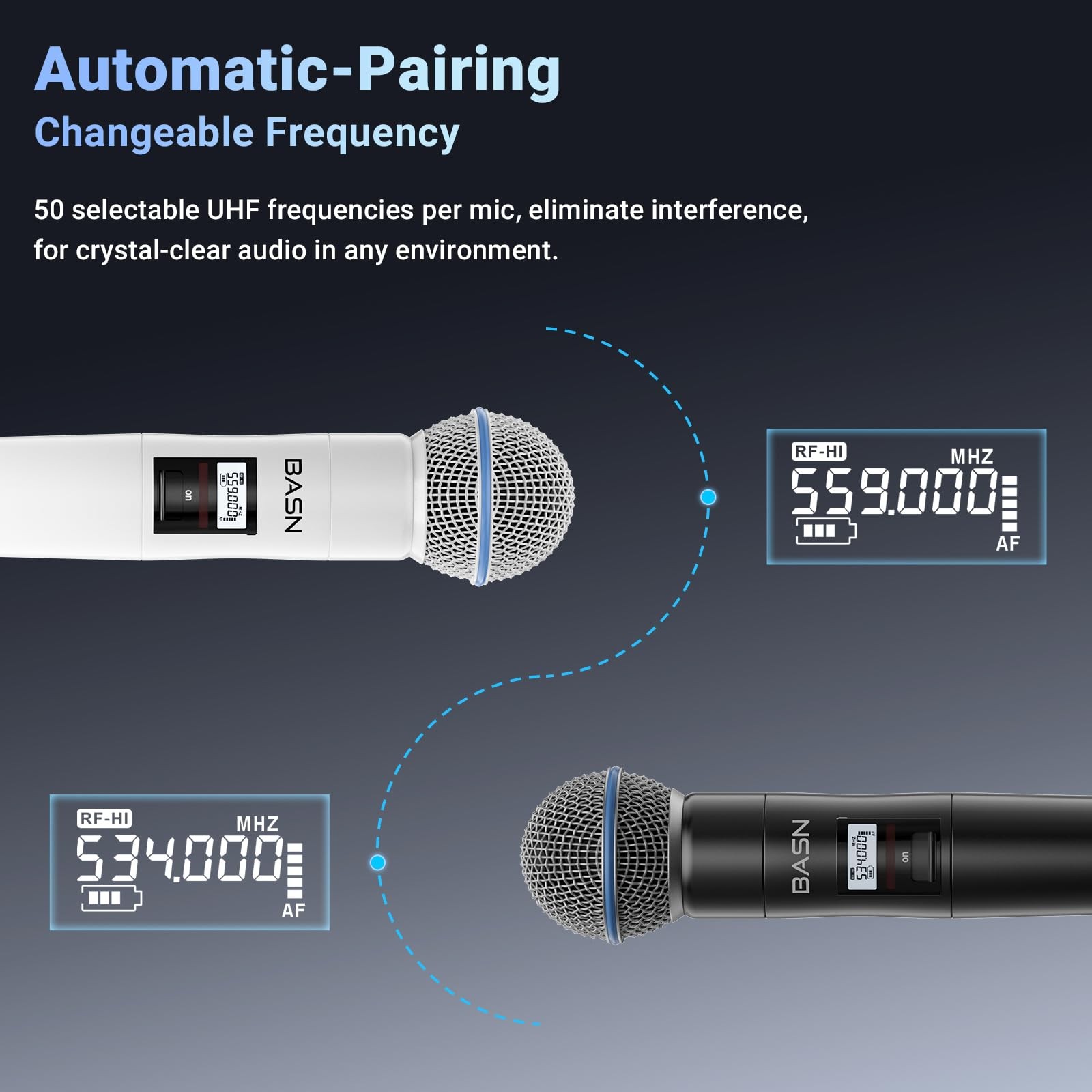 BASN Wireless Two Microphone System with UHF Dual-Channel Black & White